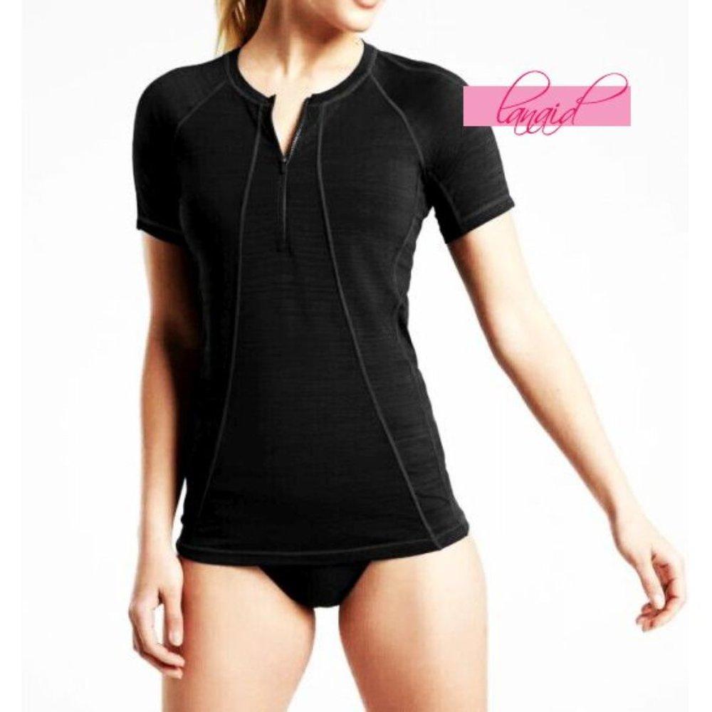 Athleta Pacifica UPF Short Sleeve Black Charcoal Zipper V-Neck Anti-Bacterial T